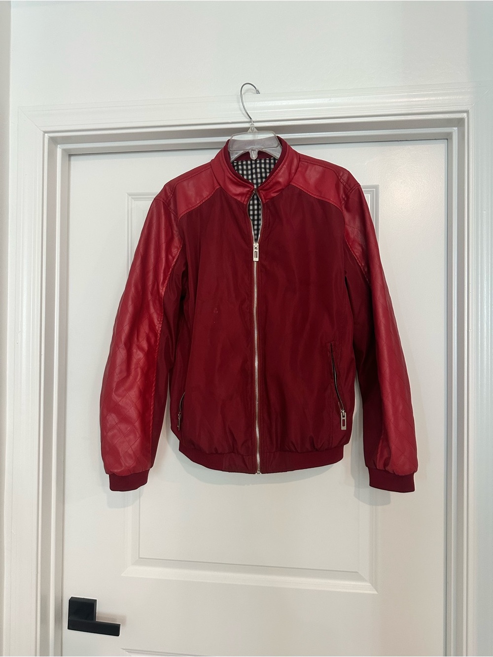 Red Bomber Jacket with Leather Sleeves